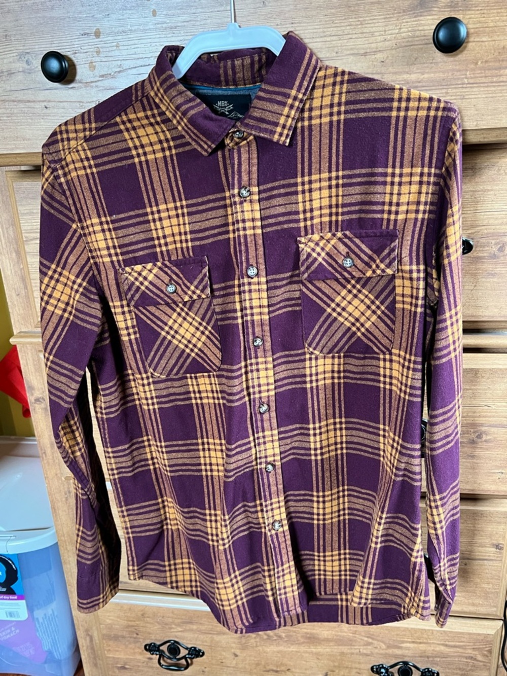 Men's Plaid Long-Sleeve Button-Down Shirt in Purple & Mustard